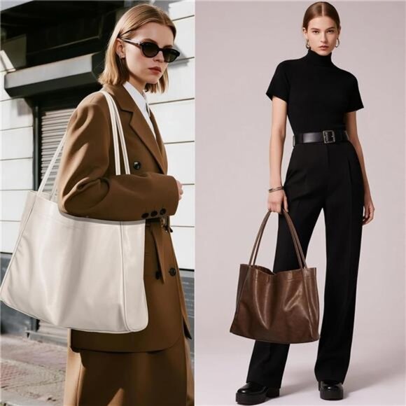 Tote Bag Coffe Color for Women 2 Pcs Large Casual Soft Vegan Leather For Women - Picture 2 of 6